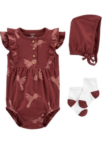 Layette Kız Bebek 3'lü Elbise Set Pembe Kuş Baskılı