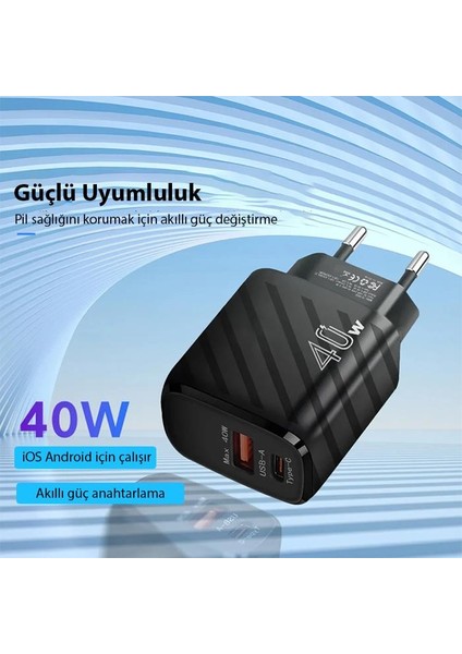 Şarj Akım Korumalı Qc3.0 Pd Ultra Hızlı 40W Şarj Adaptörü Samsung Huawei Iphone Şarj Başlık