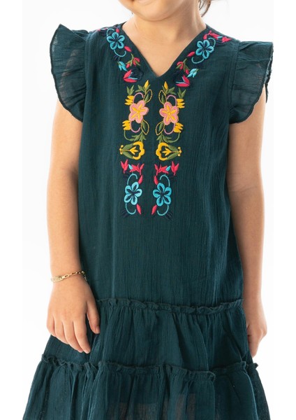 Kolsuz Şile Bezi Delfin Nakış Detaylı Yazlık Çocuk Elbise Petrol Ptrl modelleri