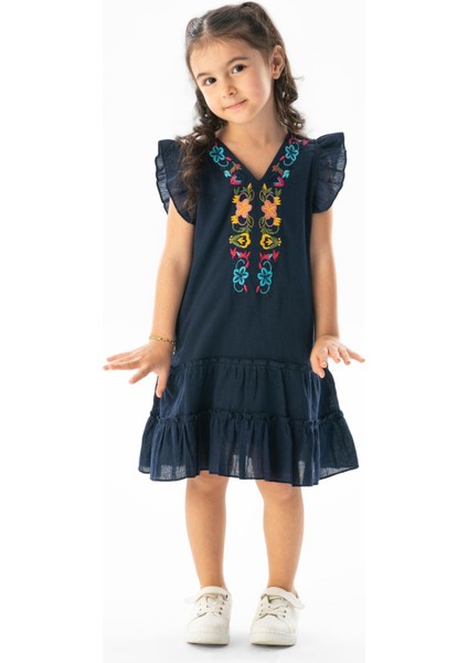 Kolsuz Şile Bezi Delfin Nakış Detaylı Yazlık Çocuk Elbise Lacivert Lcvt