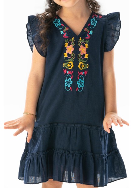 Kolsuz Şile Bezi Delfin Nakış Detaylı Yazlık Çocuk Elbise Lacivert Lcvt modelleri