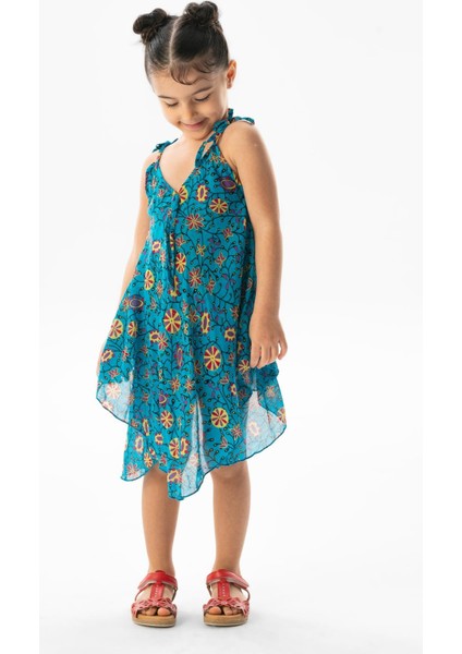 Afrodit Vual Yazlık Çocuk Elbise Turkuaz 6201