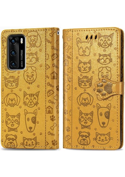 Huawei P40 Flip Kapak Için Kılıf Darbeye Deri Kılıf Karikatür Hayvanlar (Yurt Dışından)