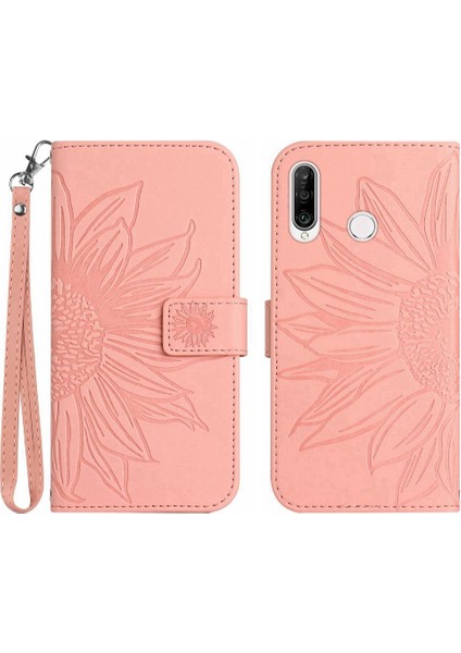 Kart ile Huawei P30 Lite Lüks Pu Deri Kabartmalı Ayçiçeği Için Kılıf (Yurt Dışından)
