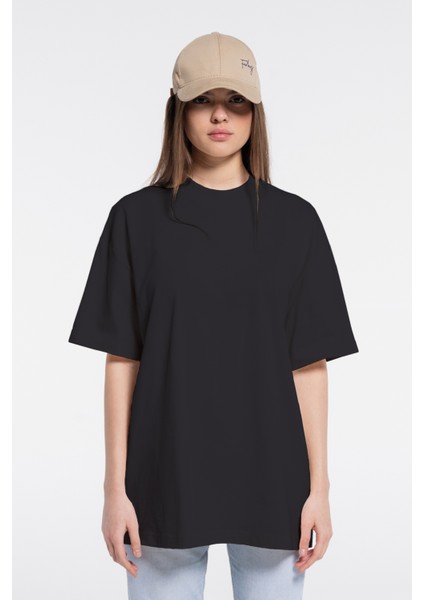 Soft Kadın Lacivert %100 Pamuk Bisiklet Yaka Ekstra Oversize Tişört