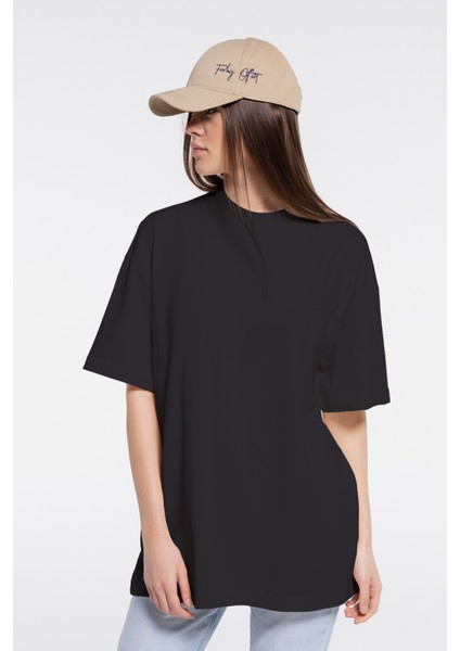 Soft Kadın Lacivert %100 Pamuk Bisiklet Yaka Ekstra Oversize Tişört