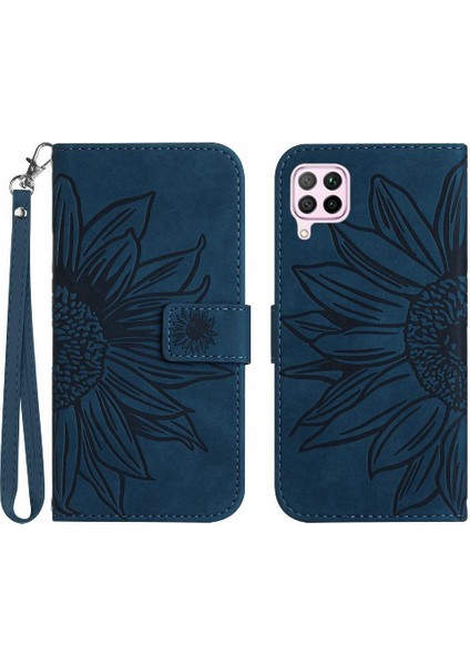 Huawei P40 Lite Kabartmalı Ayçiçeği Lüks Pu Deri Flip Cüzdan (Yurt Dışından)
