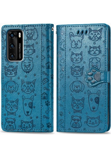 Huawei P40 Flip Kapak Için Kılıf Darbeye Deri Kılıf Karikatür Hayvanlar (Yurt Dışından)