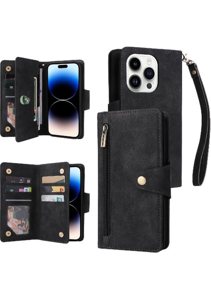 El Kayışı Fermuar ile iphone 14 Pro Kart Tutucu Manyetik Deri Kılıf (Yurt Dışından)