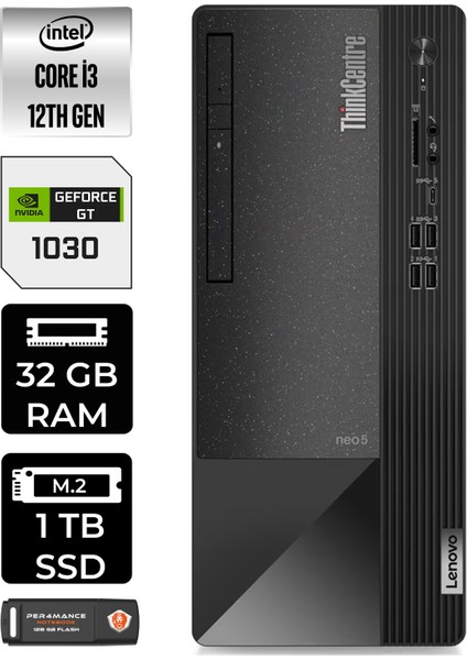 Thinkcentre Neo 50T Intel Core I3 12100 32GB 1tb SSD GT1030/4GB W11H 11SC001ATX Masaüstü Bilgisayar & Per4 USB Bellek 11SC001ATXP378