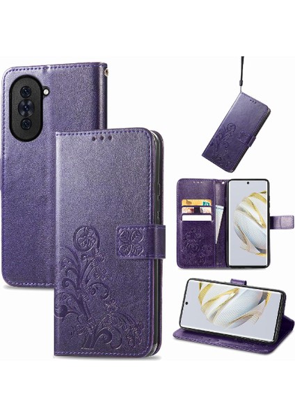 Huawei Nova 10 Için Kılıf Kısa Kayış Deri Kılıf Dört Yapraklı Yonca Flip (Yurt Dışından)