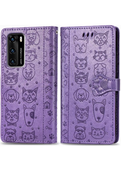 Huawei P40 Flip Kapak Için Kılıf Darbeye Deri Kılıf Karikatür Hayvanlar (Yurt Dışından)