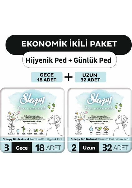 Ekonomik Ikili Paket (Bio Natural Premium Plus Hijyenik Ped Gece 18'li + Günlük Ped Uzun 32'li)