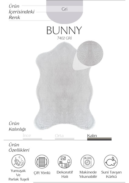 Bunny 7402 Gri Yatak Odası Halısı Banyo Halısı Suni post halı Makinede Yıkanabilir peluş Halı