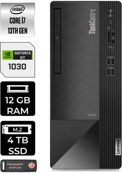 Thinkcentre Neo 50T Intel Core I7 13700 12GB 4tb SSD GT1030/4GB W11P 12JD0008TR Masaüstü Bilgisayar & Per4 USB Bellek 12JD0008TRP410