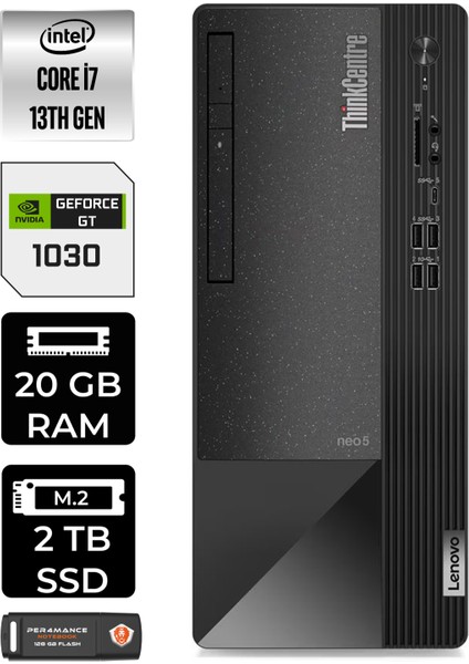 Thinkcentre Neo 50T Intel Core I7 13700 20GB 2tb SSD GT1030/4GB W11H 12JD0008TR Masaüstü Bilgisayar & Per4 USB Bellek 12JD0008TRP369
