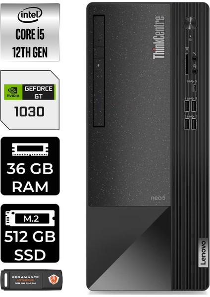 Thinkcentre Neo 50T Intel Core I5 12400 36GB 512GB SSD GT1030/4GB W11P 11SE00BPTX Masaüstü Bilgisayar & Per4 USB Bellek 11SE00BPTXP432
