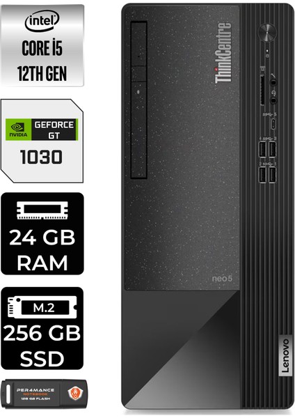 Thinkcentre Neo 50T Intel Core I5 12400 24GB 256GB SSD GT1030/4GB W11P 11SE00BJTX Masaüstü Bilgisayar & Per4 USB Bellek 11SE00BJTXP421