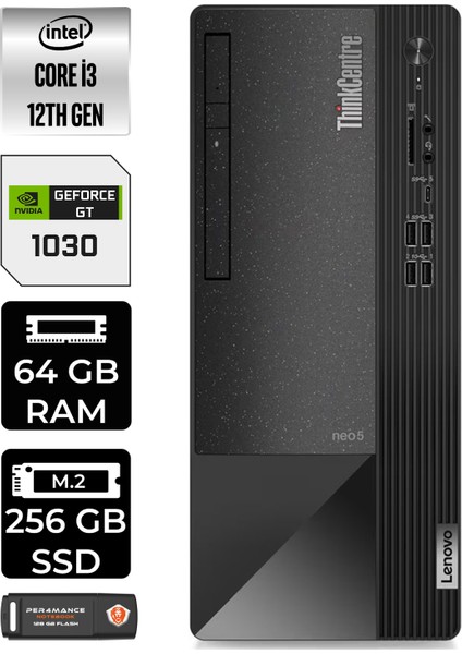 Thinkcentre Neo 50T Intel Core I3 12100 64GB 256GB SSD GT1030/4GB W11H 11SC001ATX Masaüstü Bilgisayar & Per4 USB Bellek 11SC001ATXP396