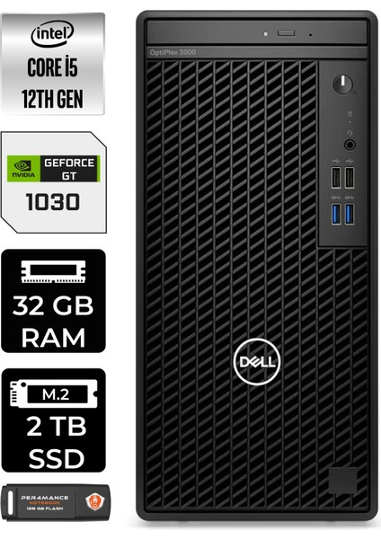Optiplex 3000MT Intel Core I5 12500 32GB 2tb SSD GT1030/4GB W11H N010O3000MTAC Masaüstü Bilgisayar & Per4 USB Bellek N010O3000MTACP379