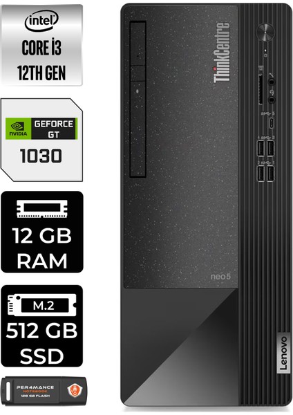 Thinkcentre Neo 50T Intel Core I3 12100 12GB 512GB SSD GT1030/4GB Fdos 11SC001ATX Masaüstü Bilgisayar & Per4 USB Bellek 11SC001ATXP307