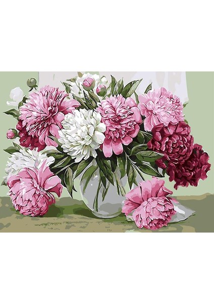 Beyaz Vazodaki Şakayıklar Sayılarla Boyama Seti 50x65 cm (Tuvale Gerili)