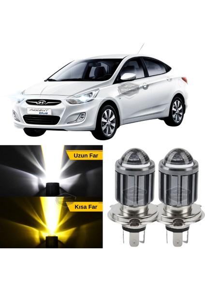 Hyundai Accent Blue 2011-2018 Uyumlu Mercekli Far Ampulü LED Xenon Çift Renk Sarı-Beyaz Far Şimşek Etkili Csp LED Lamba Uzun Kısa 2 Adet Takım