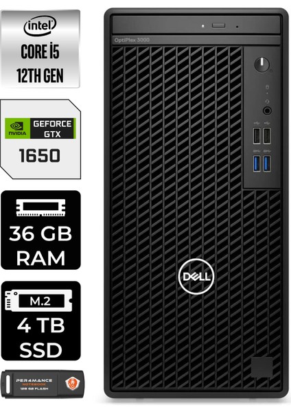 Optiplex 3000MT Intel Core I5 12500 36GB 4tb SSD GTX1650/4GB Fdos N010O3000MTAC Masaüstü Bilgisayar & Per4 USB Bellek N010O3000MTACP335