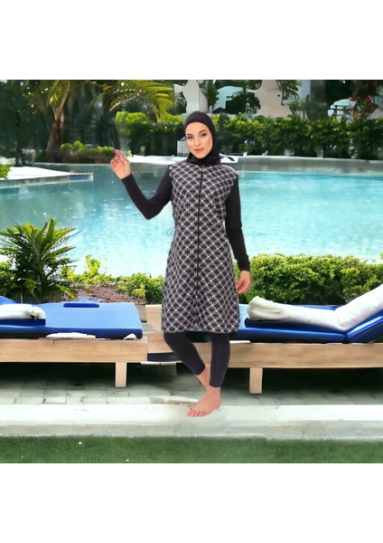 Uzun Mikro Kollu Geometrik Desenli Modelli Tam Tesettür Mayo