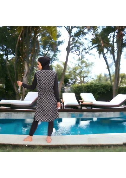 Uzun Mikro Kollu Geometrik Desenli Modelli Tam Tesettür Mayo modelleri