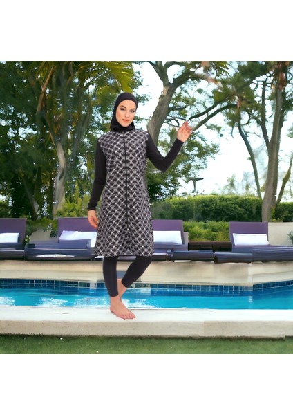 Uzun Mikro Kollu Geometrik Desenli Modelli Tam Tesettür Mayo indirimleri