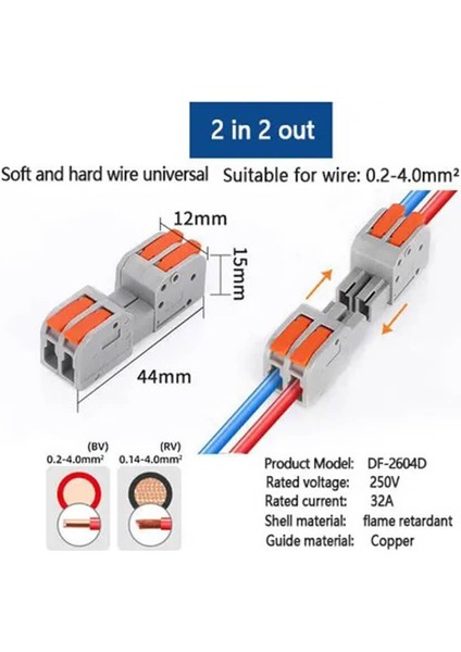 10 Adet Hızlı Kablo Ekleme Birleştirme Konnektörü - Ikili Klemens - Bağlantı Kesme Özellikli