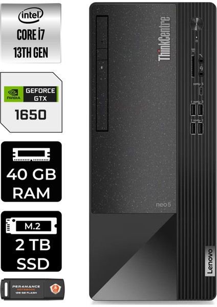 Thinkcentre Neo 50T Intel Core I7 13700 40GB 2tb SSD GTX1650/4GB Fdos 12JD0008TR Masaüstü Bilgisayar & Per4 USB Bellek 12JD0008TRP339