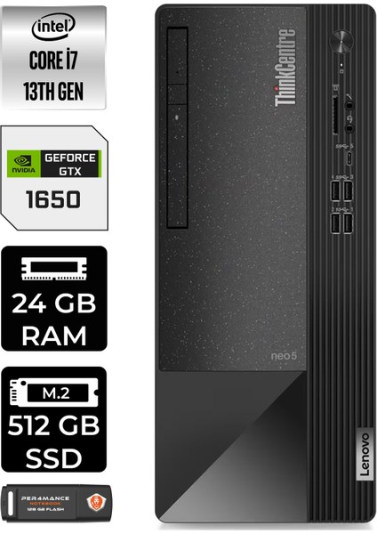 Thinkcentre Neo 50T Intel Core I7 13700 24GB 512GB SSD GTX1650/4GB W11H 12JD0008TR Masaüstü Bilgisayar & Per4 USB Bellek 12JD0008TRP372