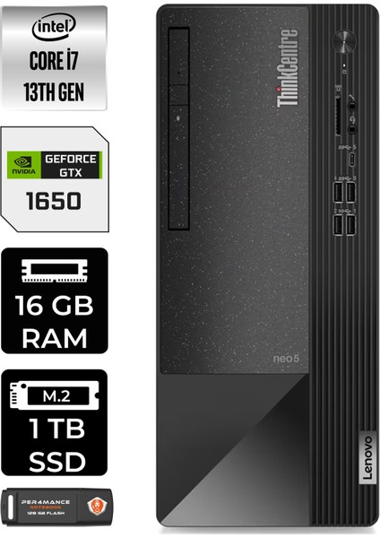 Thinkcentre Neo 50T Intel Core I7 13700 16GB 1tb SSD GTX1650/4GB W11H 12JD0008TR Masaüstü Bilgisayar & Per4 USB Bellek 12JD0008TRP363