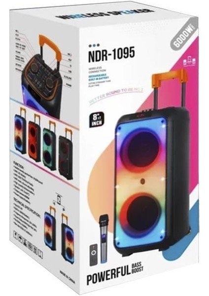 NDR-1095 Siyah Taşınabilir Büyük Boy Rgb Bluetooth Mikrofonlu Parti Hoparlör