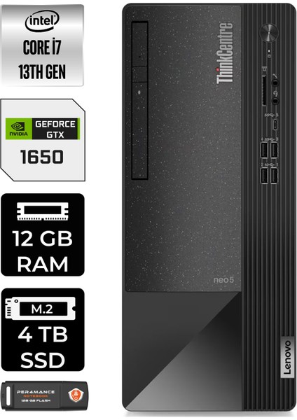 Thinkcentre Neo 50T Intel Core I7 13700 12GB 4tb SSD GTX1650/4GB W11P 12JD0008TR Masaüstü Bilgisayar & Per4 USB Bellek 12JD0008TRP410