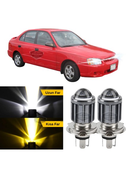 Hyundai Accent Milenyum 2000-2003 Uyumlu Mercekli Far Ampulü LED Xenon Çift Renk Sarı-Beyaz Far Şimşek Etkili Csp LED Lamba Uzun Kısa 2 Adet Takım