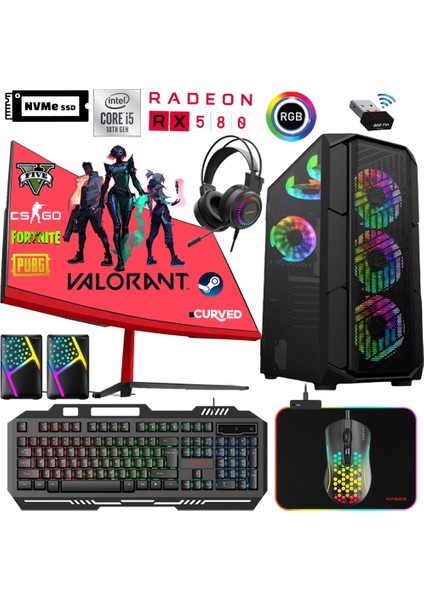 XSR455 I5 10400F 16GB Ram 256GB M.2 Nvme SSD 8gb RX580 Ekran Kartı 23.8" Curved Oyun Bilgisayarı