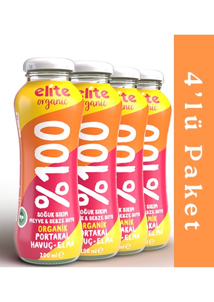 Elite Organic %100 Elma - Havuç - Portakal Suyu 200 ml