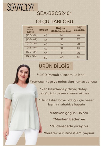 Sea Moda Büyük Beden V Yaka Yırtmaçlı Pamuk Basic Tshirt-Nil Yeşili