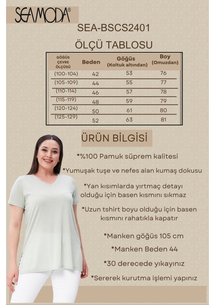 Büyük Beden V Yaka Yırtmaçlı Pamuk Basic Tshirt-Nil Yeşili fiyatları