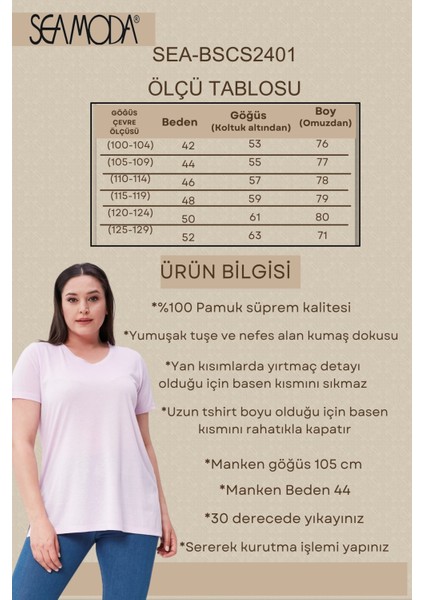 Sea Moda Büyük Beden V Yaka Yırtmaçlı Pamuk Basic Tshirt-Lila