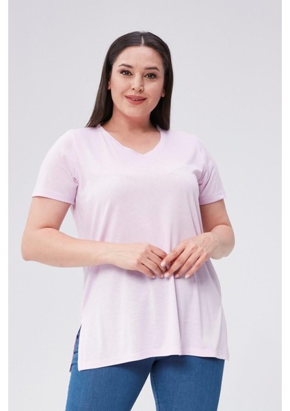 Sea Moda Büyük Beden V Yaka Yırtmaçlı Pamuk Basic Tshirt-Lila