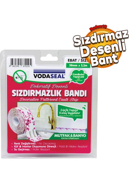 Vodaseal Pembe Desenli Dekoratif Küvet Kenar Sızdırmazlık Bandı 38 mm x 3.20 mt 8682340870295