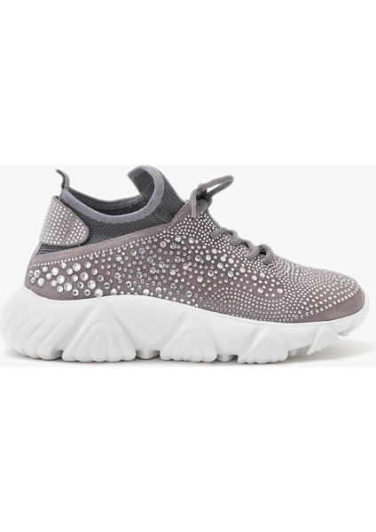 Diamond Gri Hakiki Deri Taş Detaylı Kadın Sneakers
