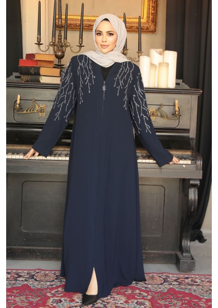 Boncuk Işlemeli Lacivert Tesettür Abaya 29110L