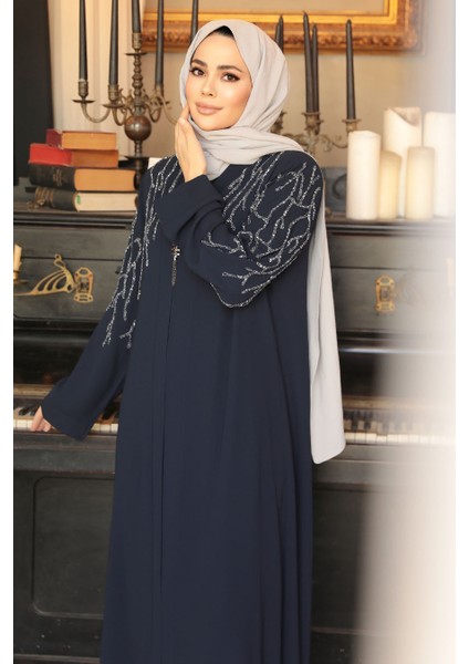Boncuk Işlemeli Lacivert Tesettür Abaya 29110L