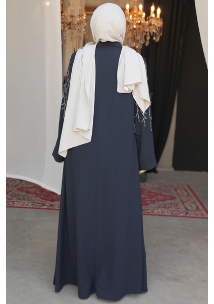 Boncuk Işlemeli Lacivert Tesettür Abaya 29110L