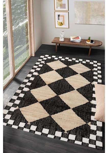 Ortası Siyah Beyaz Kare Desen Dijital Baskılı Zenit Kilim